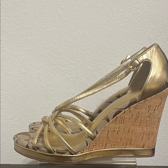 Coach Gold Wedge Sandals with Cork Heel and Strappy Design - Picture 6 of 8